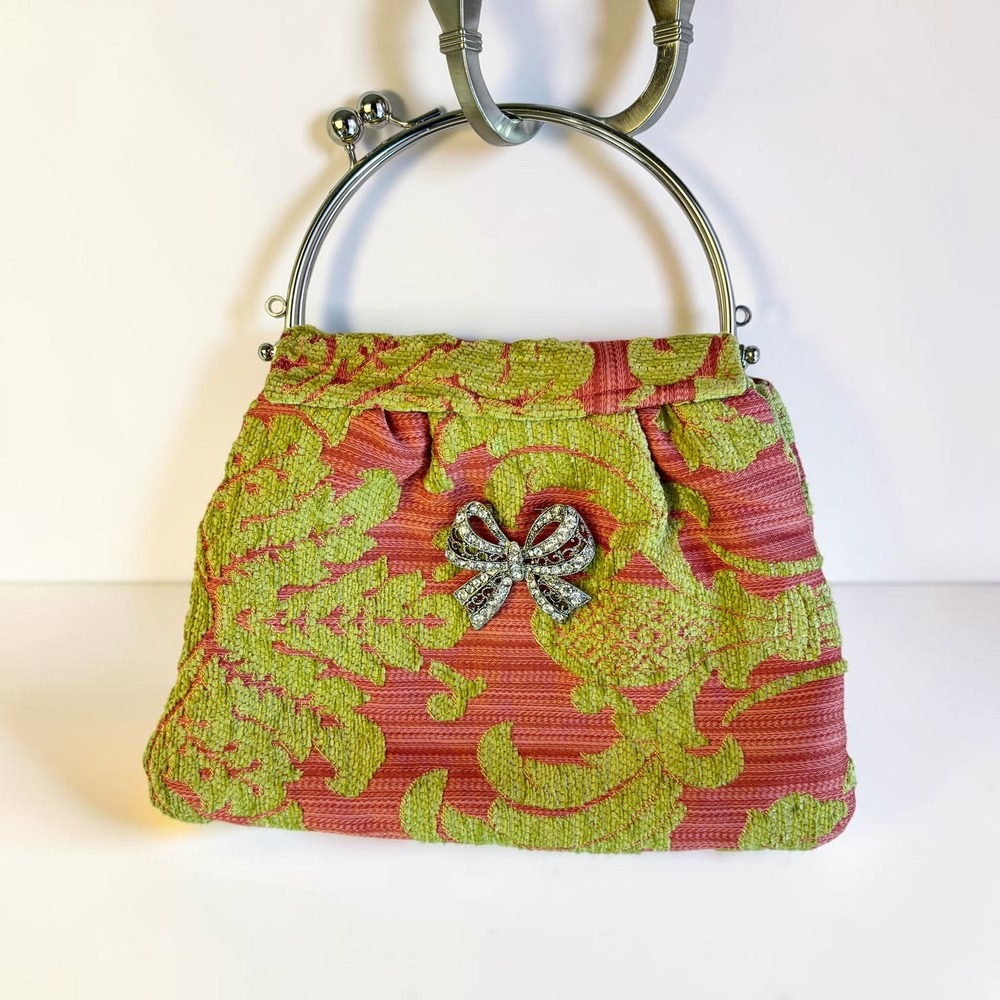 Vintage Kiss-Lock Purse S Pink Green Chenille Damask Rhinestone Bow Coquette Bag - Picture 2 of 13